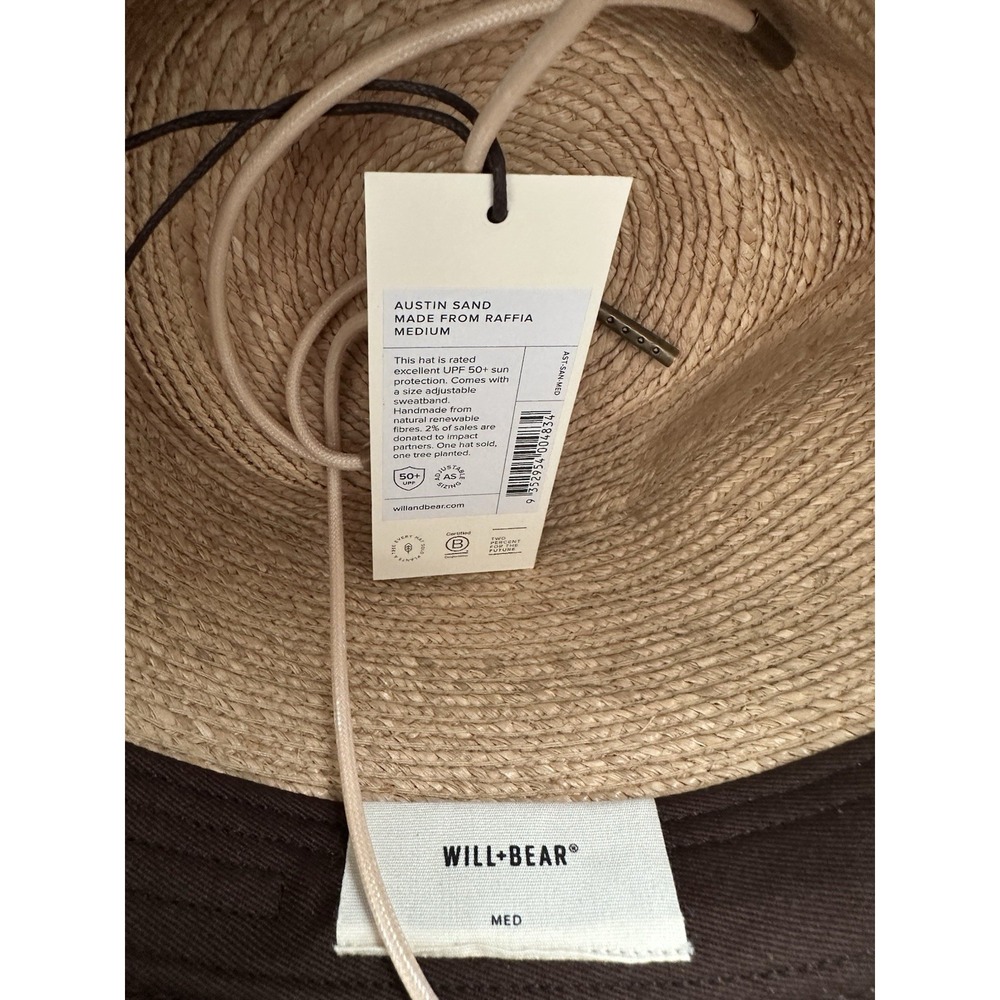 Will + Bear Raffia Sun Hat Austin Sand Sz Medium Unisex UPF 50+ Adjustable Strap - Picture 8 of 8